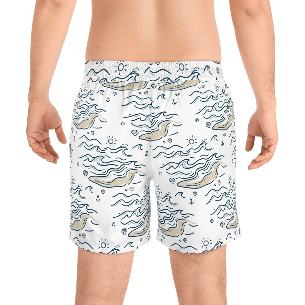 Men's Swim Shorts — Nautical Whale & Wave All-Over Print