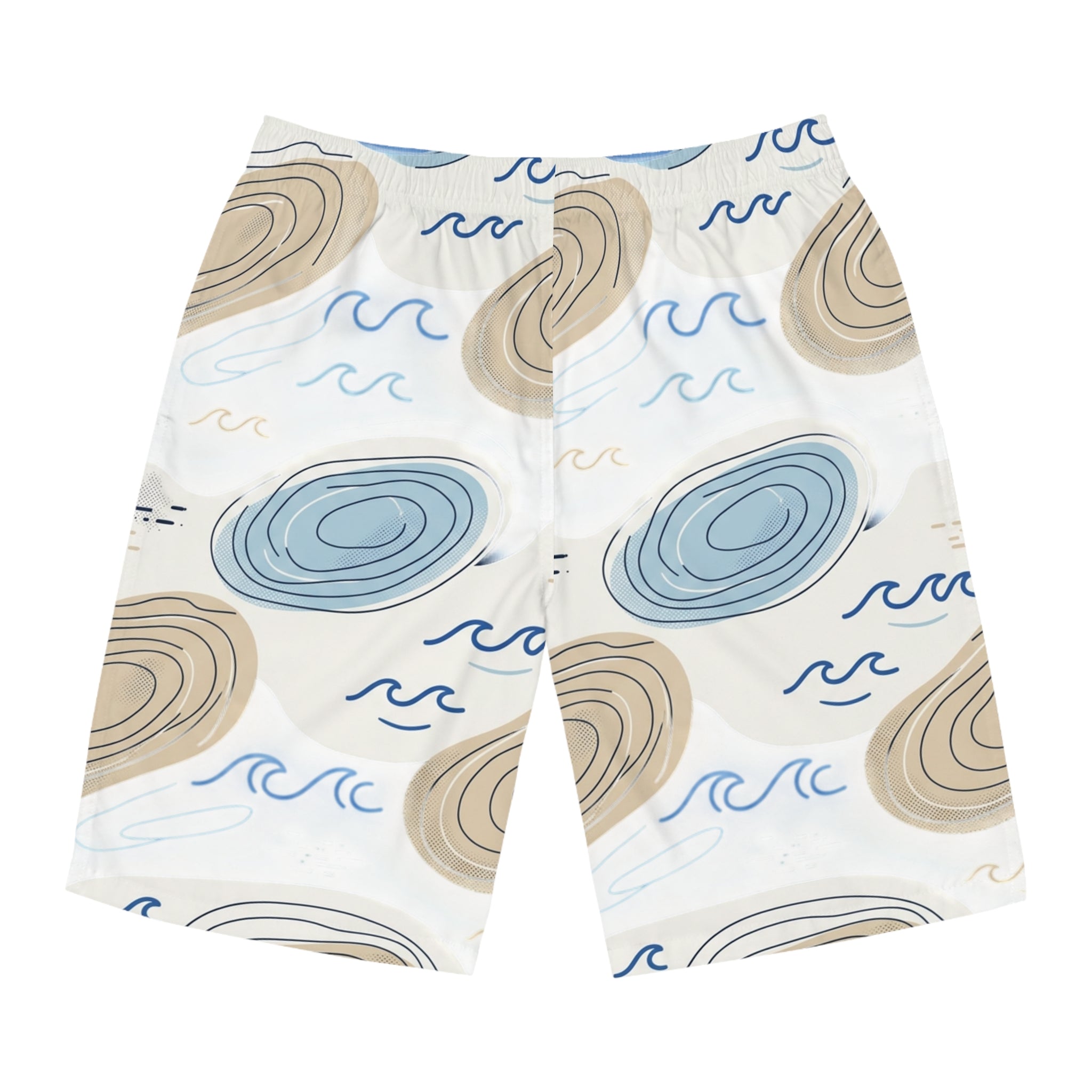 Coastal Shells Pattern Men's Board Shorts — Blue & Sand Beach Swim Trunks