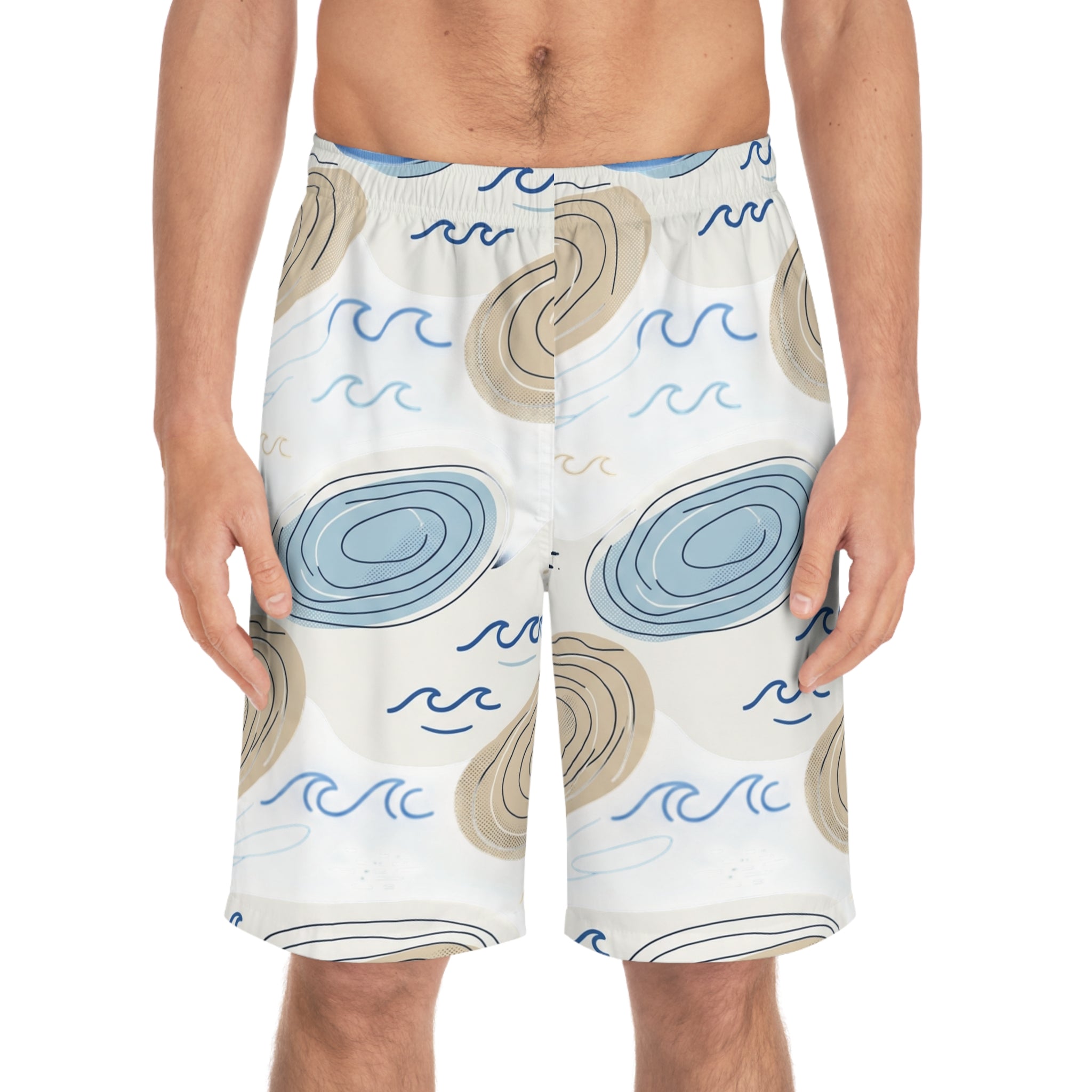 Coastal Shells Pattern Men's Board Shorts — Blue & Sand Beach Swim Trunks