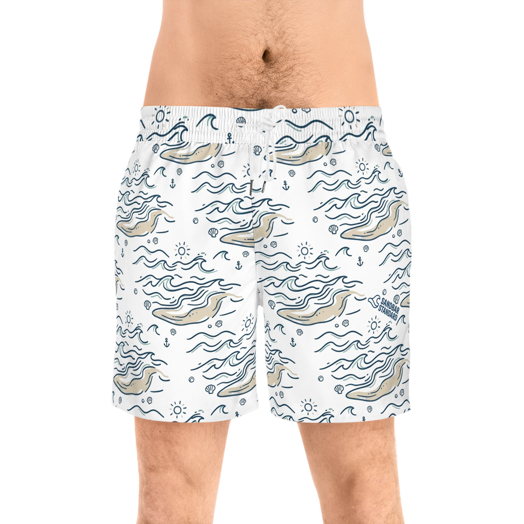 Men's Swim Shorts — Nautical Whale & Wave All-Over Print