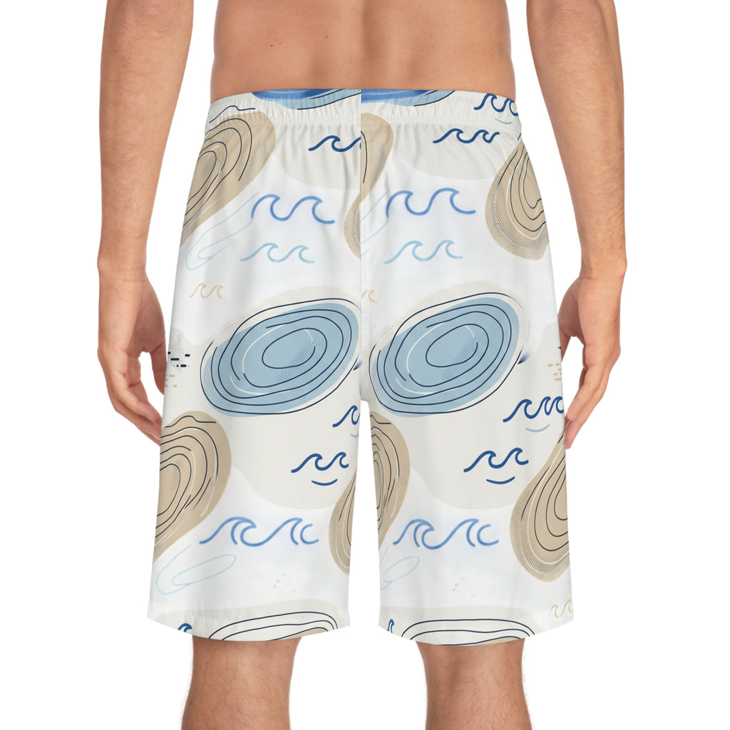 Coastal Shells Pattern Men's Board Shorts — Blue & Sand Beach Swim Trunks