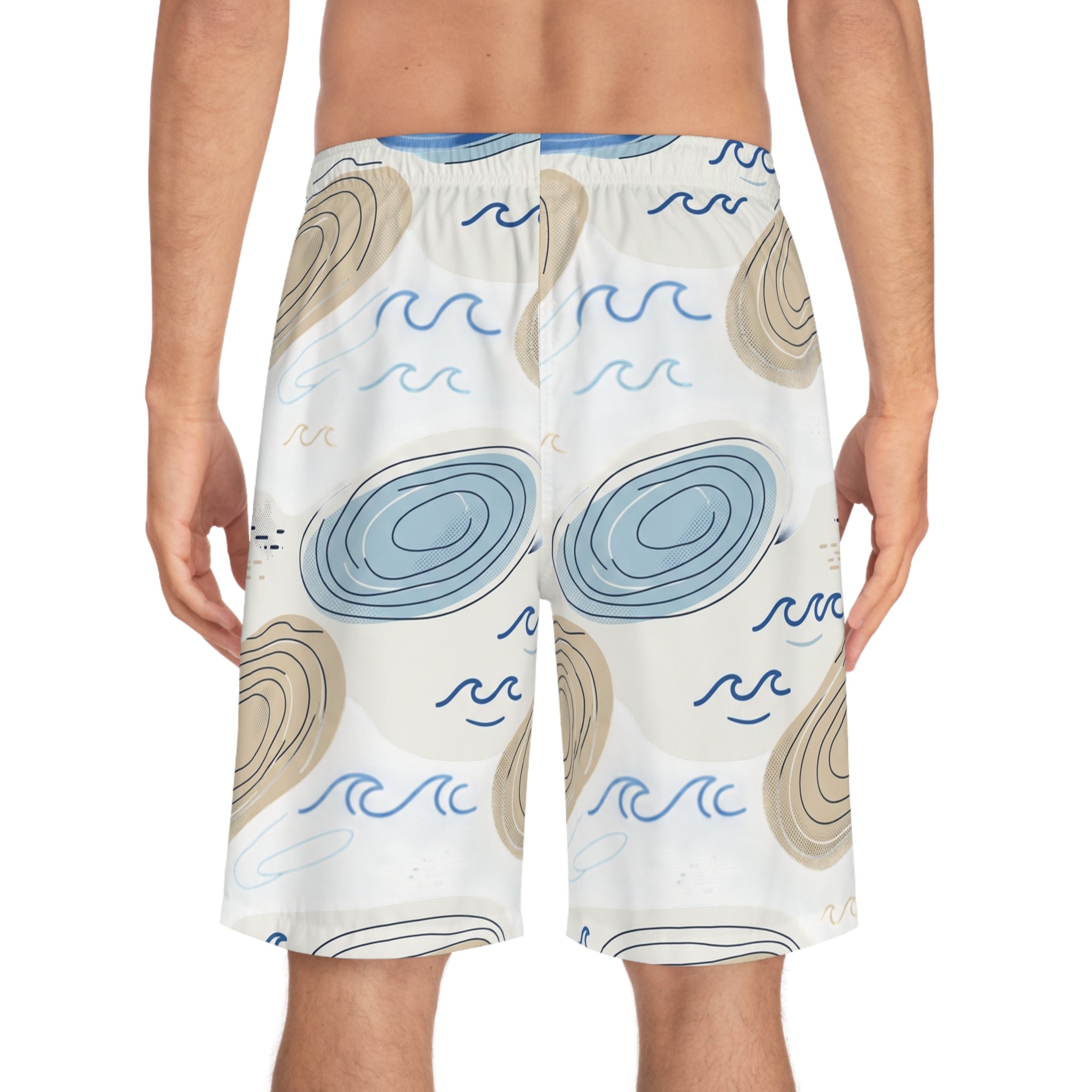 Coastal Shells Pattern Men's Board Shorts — Blue & Sand Beach Swim Trunks
