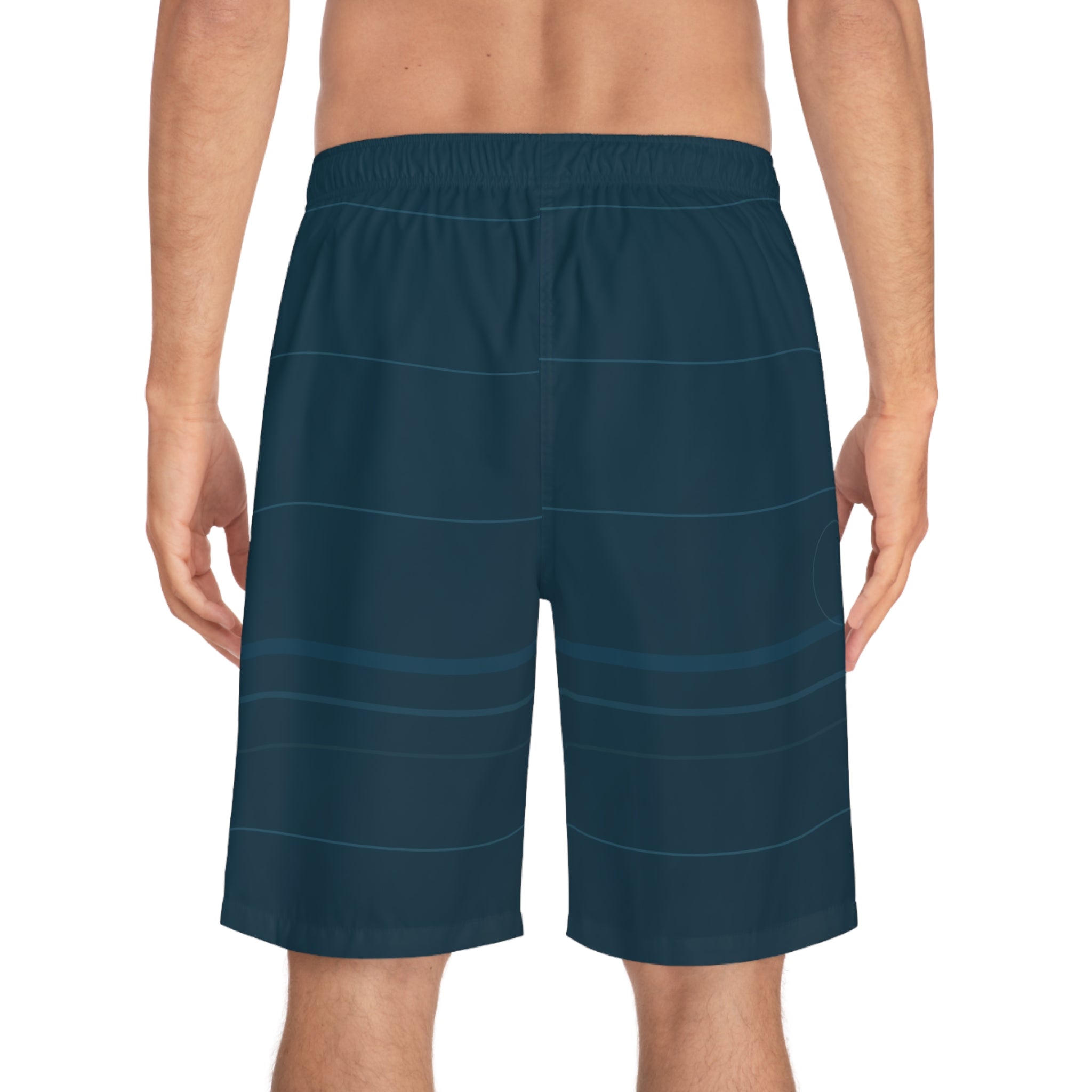Current Line Board Shorts back model view with navy current print