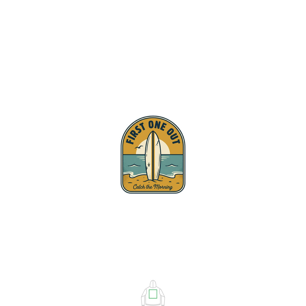 Surf Badge Hoodie — "Sandbar Standard" & "First One Out" Retro Surf Pullover
