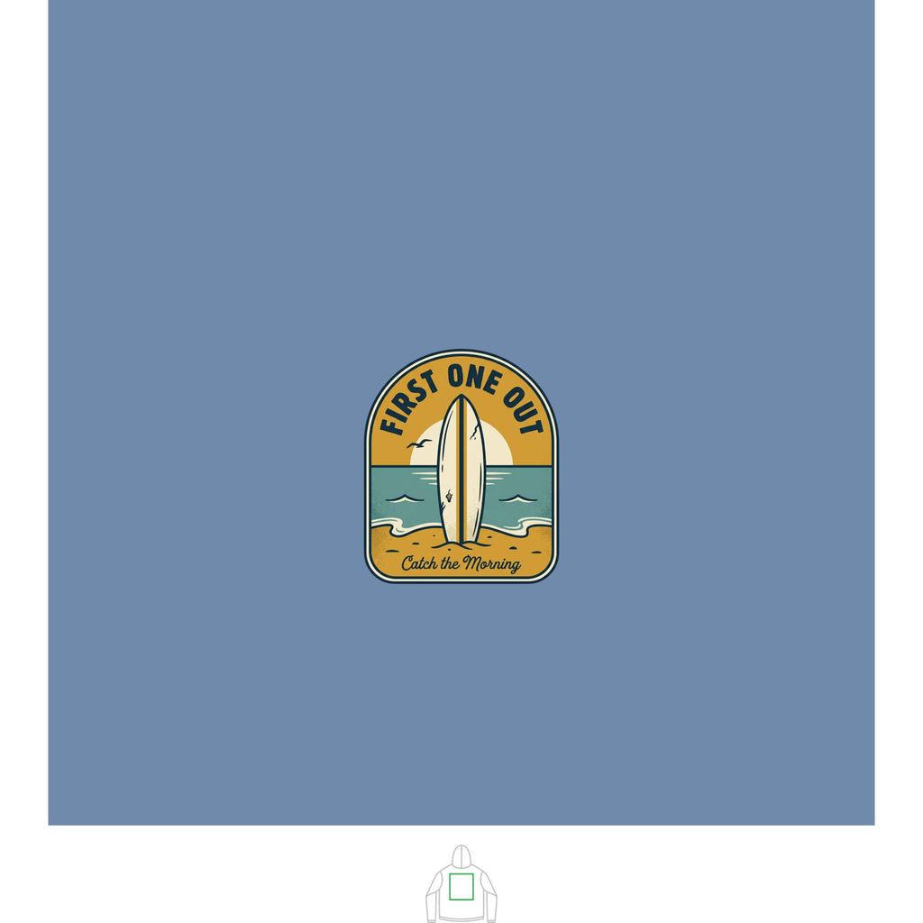 Surf Badge Hoodie — "Sandbar Standard" & "First One Out" Retro Surf Pullover