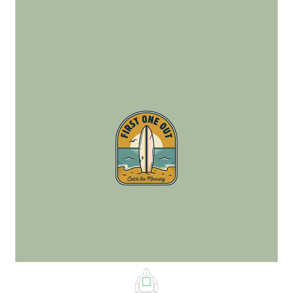 Surf Badge Hoodie — "Sandbar Standard" & "First One Out" Retro Surf Pullover