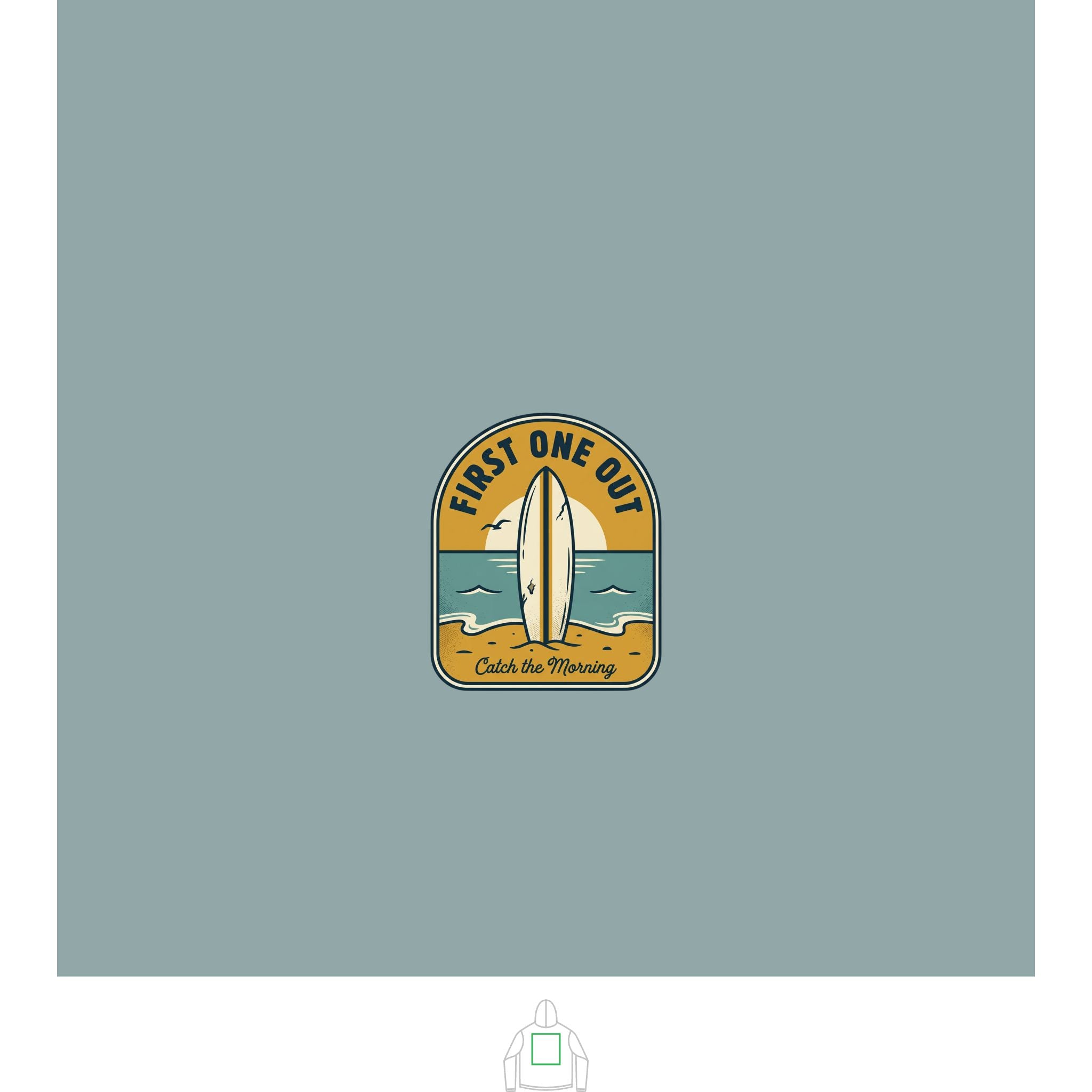 Surf Badge Hoodie — "Sandbar Standard" & "First One Out" Retro Surf Pullover