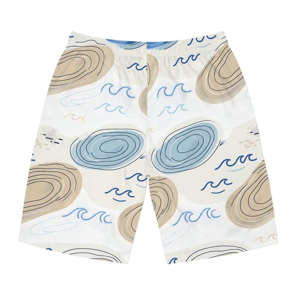 Coastal Shells Pattern Men's Board Shorts — Blue & Sand Beach Swim Trunks
