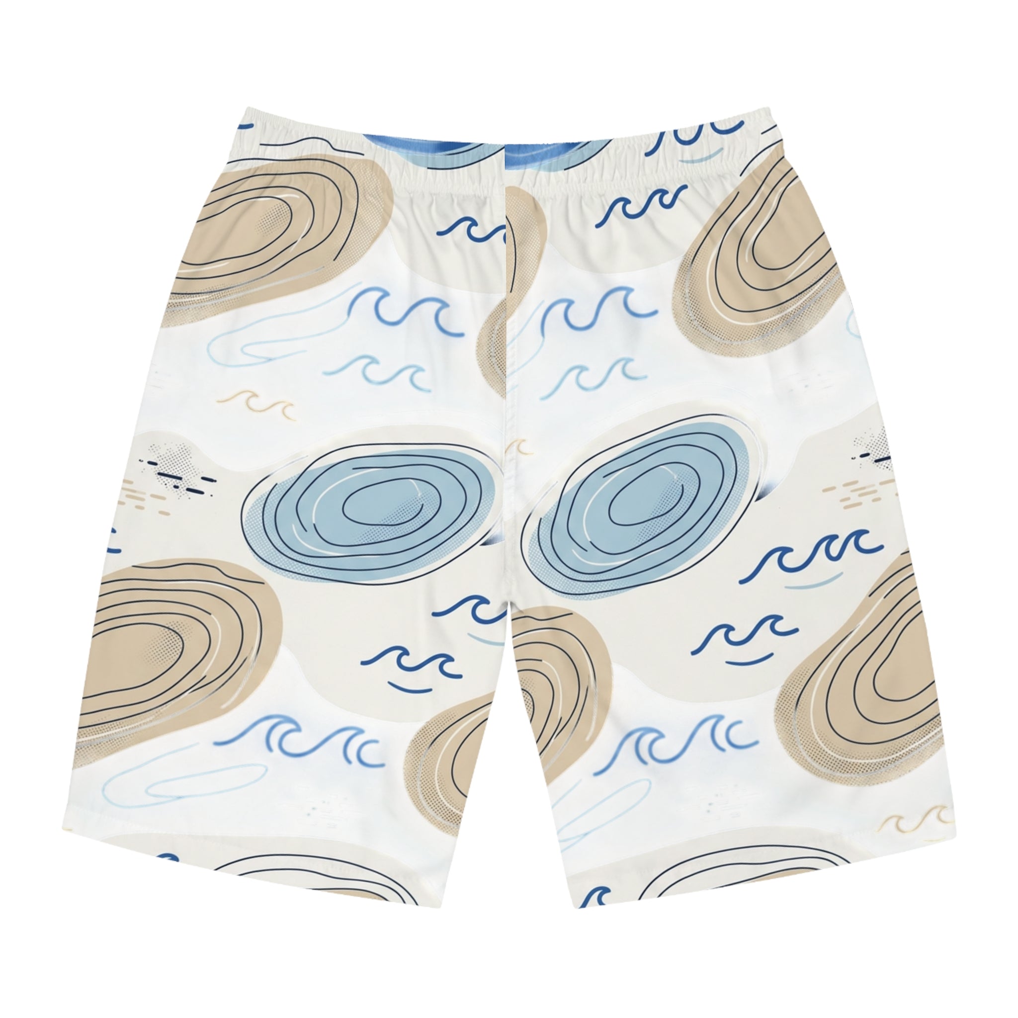 Coastal Shells Pattern Men's Board Shorts — Blue & Sand Beach Swim Trunks