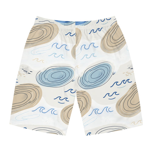 Coastal Shells Pattern Men's Board Shorts — Blue & Sand Beach Swim Trunks