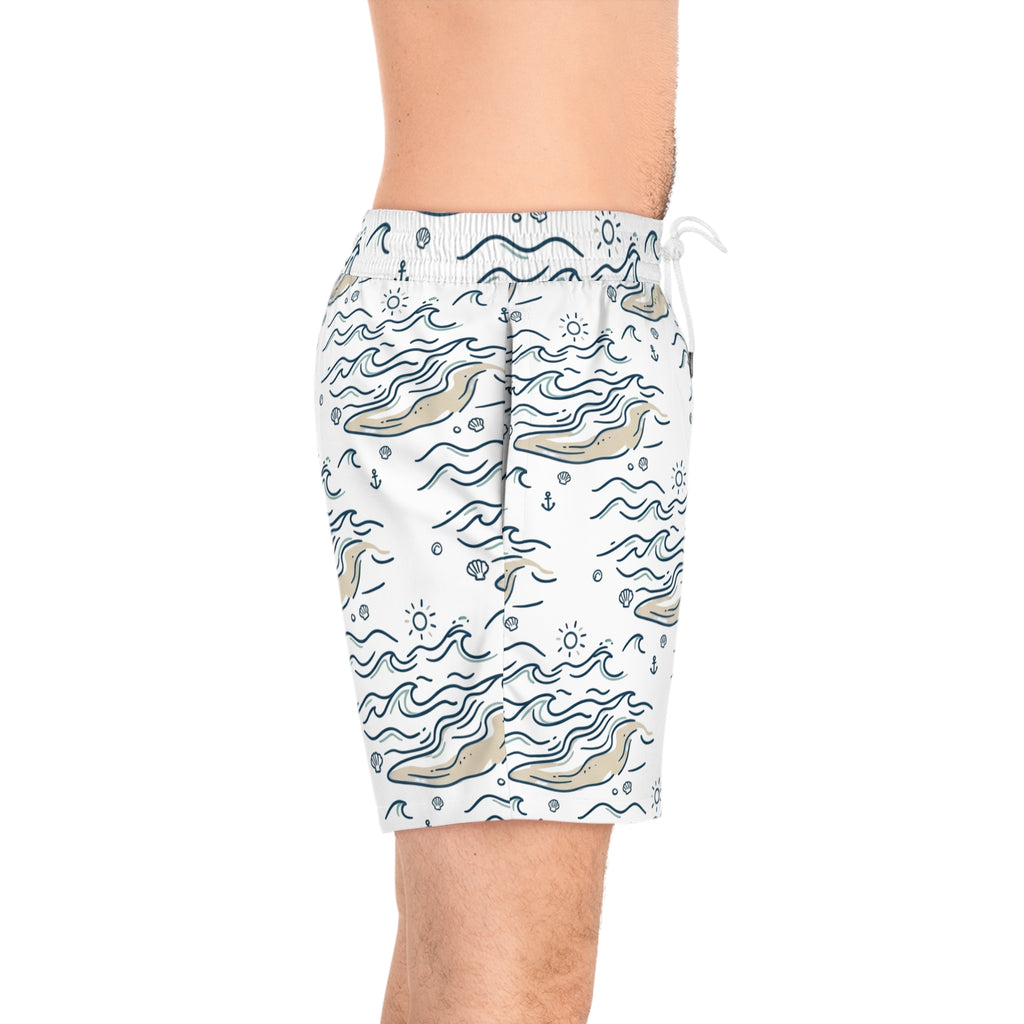 Men's Swim Shorts — Nautical Whale & Wave All-Over Print