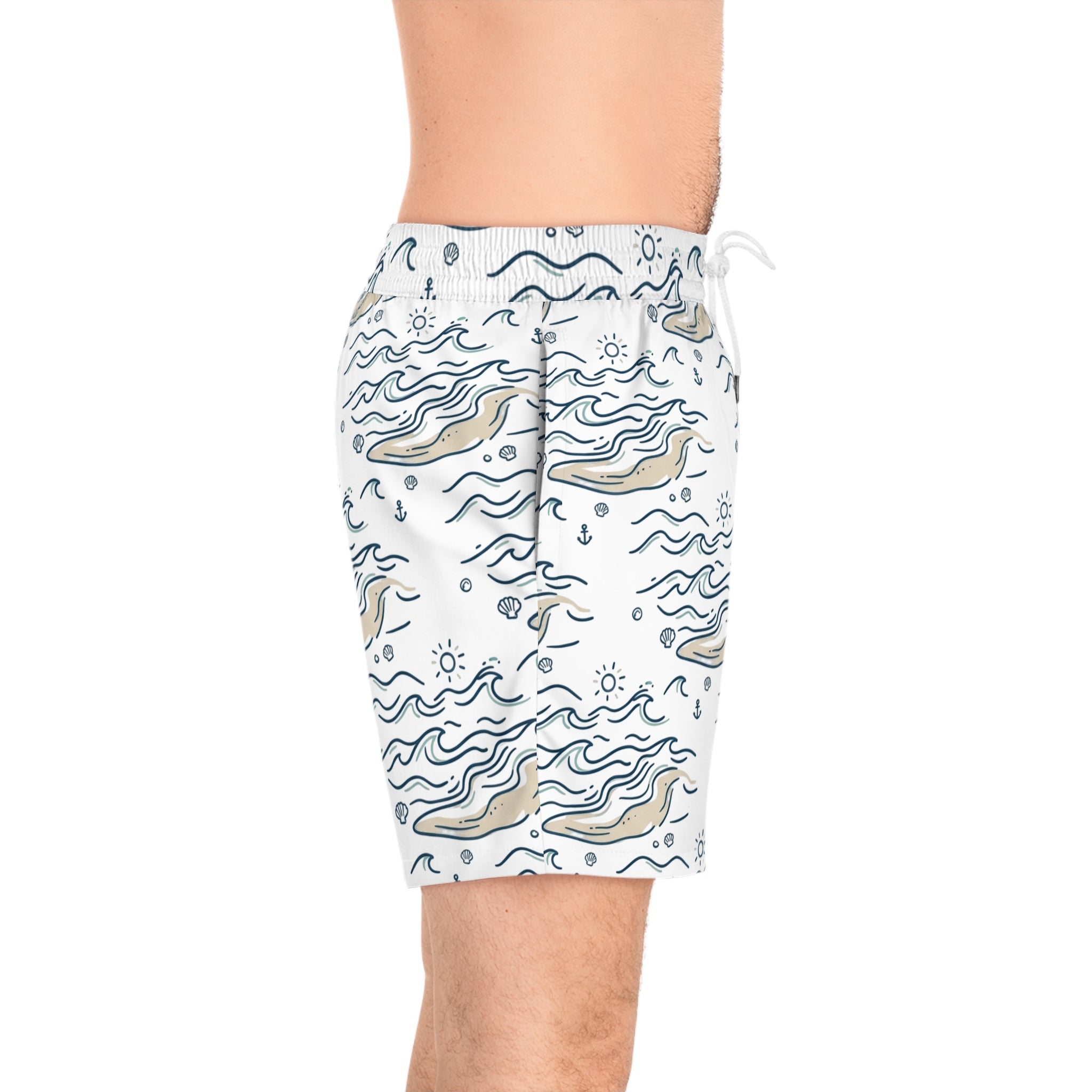 Men's Swim Shorts — Nautical Whale & Wave All-Over Print